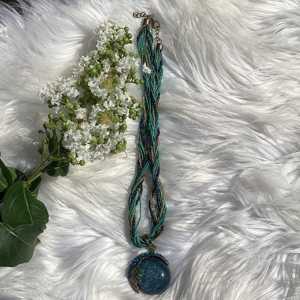 Bohemian Twist Beaded Fabric Blue Rhinestone Orb Pendant Necklace - Picture 7 of 9